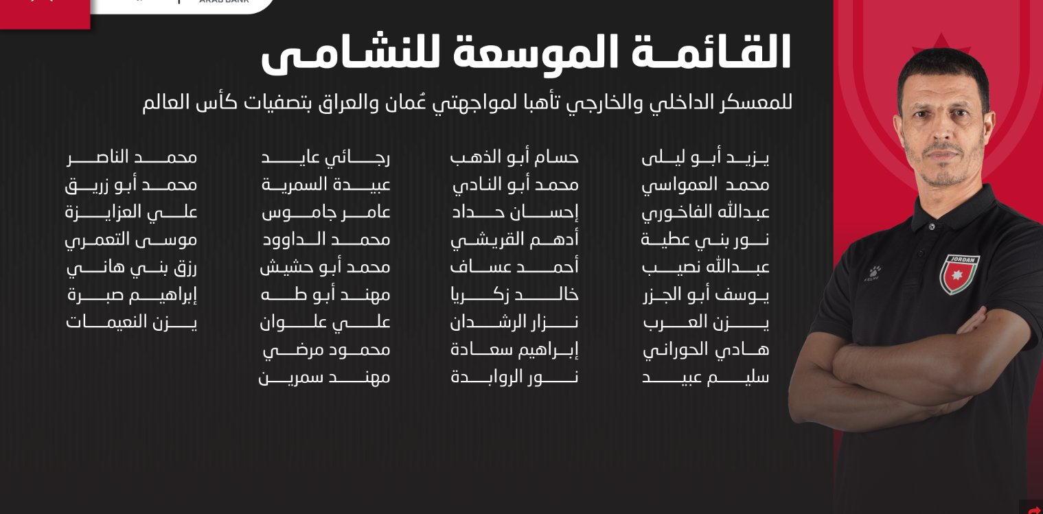 قائمة 34 لاعباً للنشامى استعداداً لمواجهتي عُمان والعراق